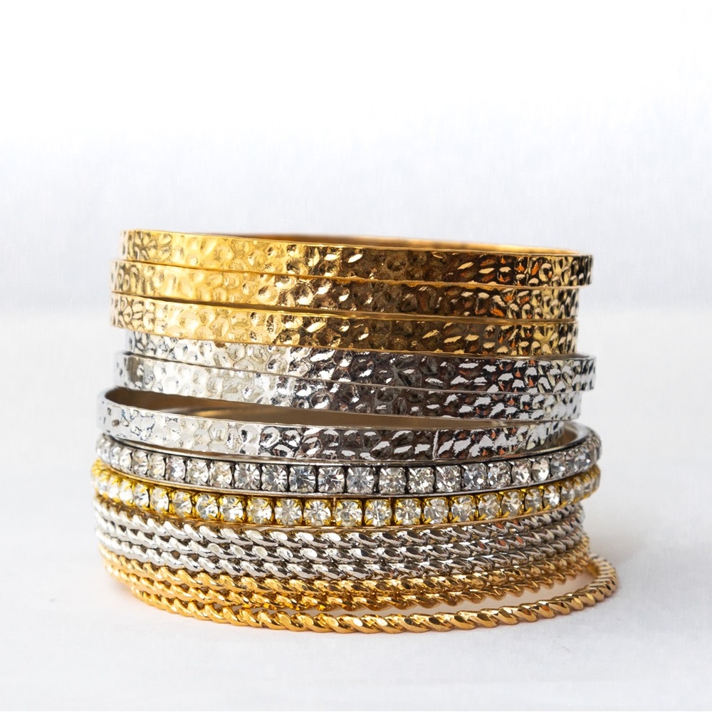 R.J. Graziano set of 14 bangle bracelets gold, silver, & stone